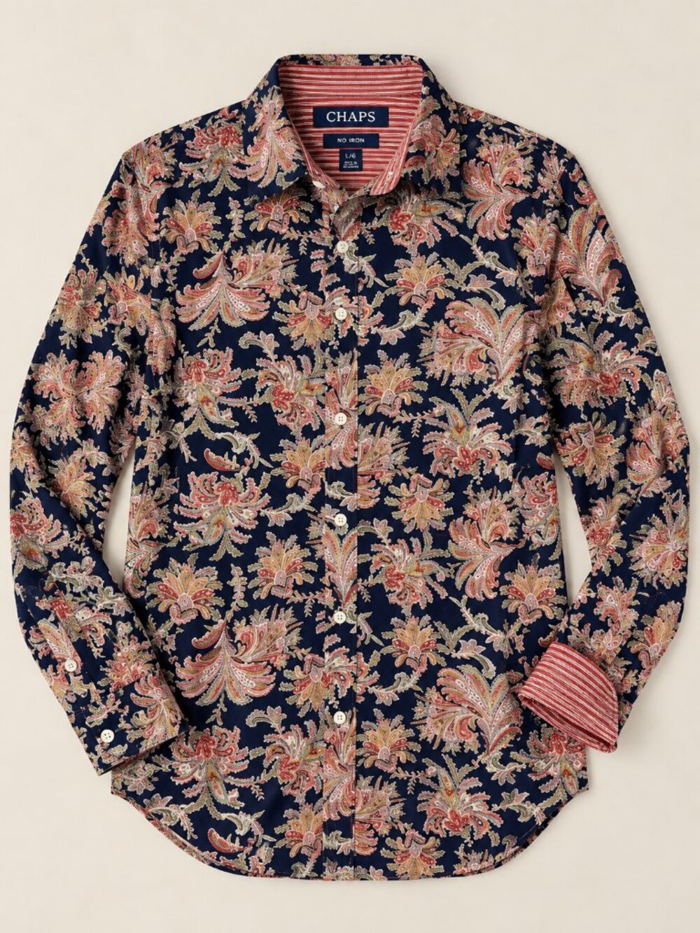 Chaps L Navy Paisley Floral Button Down Shirt 100% Cotton No Iron Preppy Boho